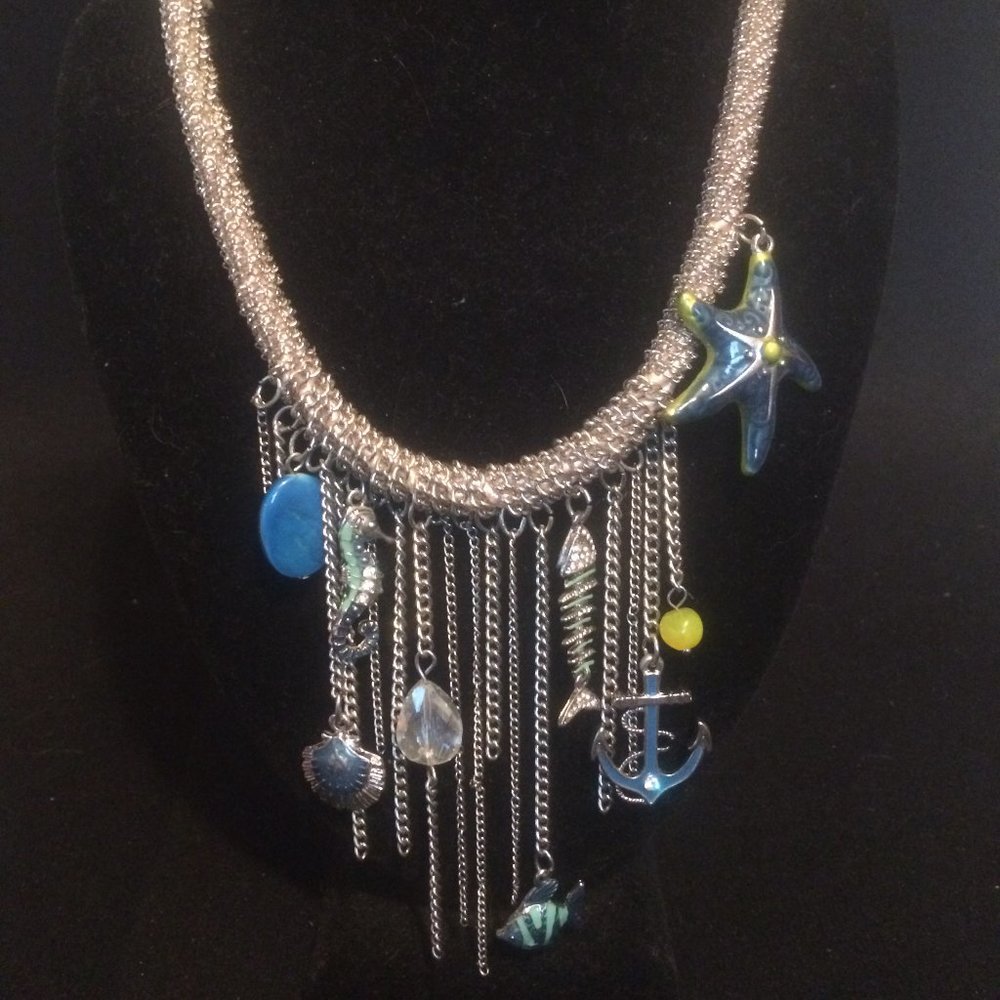 M.Haskell Nautical Chain Fringe Necklace, Anchor, Sea Horse,Statement